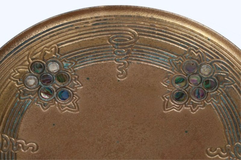 Tiffany Studios Bronze Tazza: Tiffany Studios Bronze Tazza. American, early 20th century. With abalone shell grape and vine border. Stamped and numbered "733". Height 1 3/4", diameter 8".