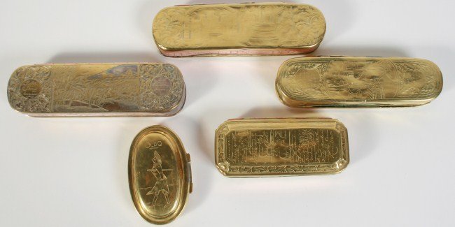 Group of 5 Engraved Tobacco Boxes, Dutch, 19th C.: Group of 5 engraved tobacco boxes. Dutch, 19th century. Including three elliptical shaped boxes, one small oval shaped box and one rectangular box. Longest length 7".