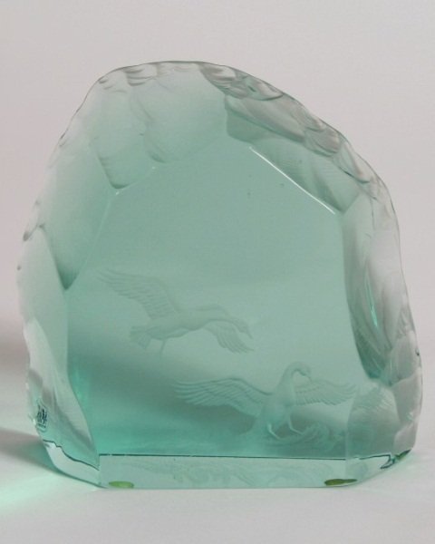Kroneberg Glass Paperweight, Swedish, 20th Century: Kroneberg, etched glass paperweight. Swedish, 20th century. Etched with ducks. Signed and numbered "2288 7.5". Height 5 1/4". Provenance: from the Estate of Bella Marshall Barden.