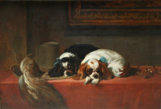 After Landseer (1802-1873), King Charles Spaniels: After Sir Edwin Henry Landseer (British, 1802-1873). King Charles Spaniels. Oil on canvas. Depicting two spaniels beside hunting hats and traps. Unsigned. Canvas 18" x 26", frame 22 1/4" x 30".