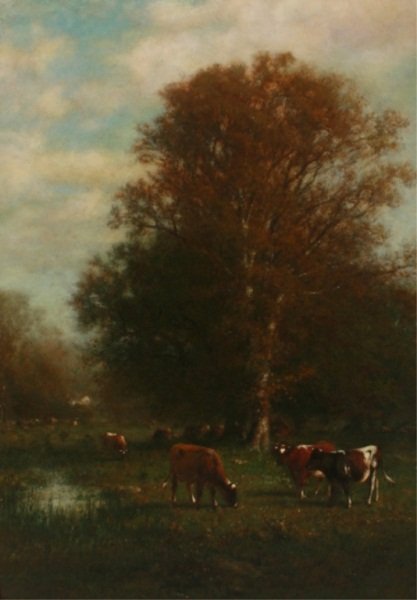 James M. Hart (1828–1901), Cows in Pasture: James McDougal Hart (American, 1828-1901), Cows in Pasture. Oil on canvas. Signed lower left. Canvas 28" x 20", frame 35 1/2" x 26 1/2".