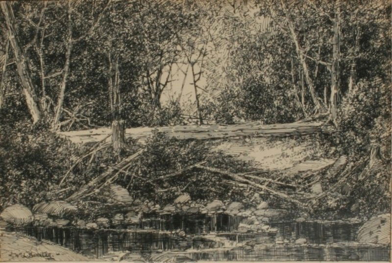 William Sonntag (1822-1900), Wooded Landscape: William Sonntag (American, 1822-1900). Wooded Landscape. Pen and ink on paper. Signed lower left. Sight 6" x 8 3/4", frame .