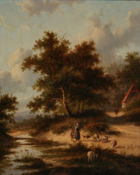 Jan Evert Morel II (1835-1905), Figures and Sheep: Jan Evert Morel II (Dutch, 1835-1905). Figures and Sheep. Oil on panel. Signed "JE Morel II" lower right. 7 1/2" x 6 1/4", frame 15 x 13 5/8".