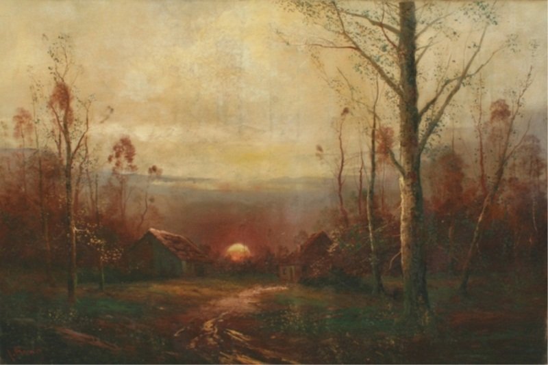 L. Brown (Late 19th. C.), Sunset on Small Farm: L. Brown (American, late 19th century). Sunset on small farm. Oil on canvas. Signed lower left. Unframed. Canvas 21" x 15".