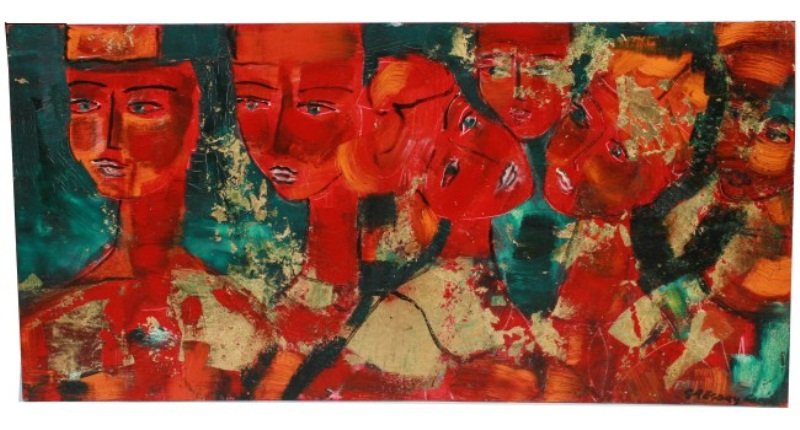 Gregory Fink (20th C.), "Rio Night": Gregory Fink (Brazilian, 20th century). "Rio Night". Oil and gold leaf on Masonite. Signed lower right and numbered "204B". Board 23 3/4" x 48". Provenance: From the Estate of Bella Marshall Barden.