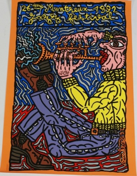 Robert Combas (b. 1957), "26ème Montreux 1992...": Robert Combas (French, born 1957). "26ème Montreux 1992 Jazz Festival". Silkscreen poster for the Montreux Jazz Festival in 1992. Unframed. Printed by Albin Uldry in Bern, Switzerland. Signed "Combas