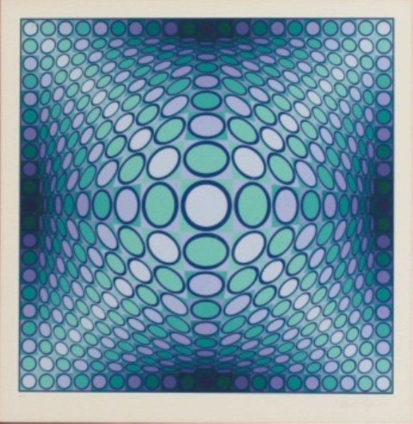 Victor Vasarely (1906-1997), Untitled: Victor Vasarely (French/Hungarian, 1906-1997). Untitled. Lithograph. Composition comprised of purple and green circles. Pencil signed lower right and numbered "201/325" lower left. Plate18 1/2" x 18 1