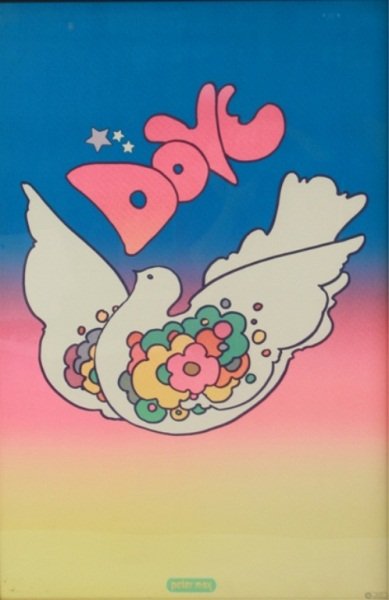 Peter Max (b. 1937), "Dove": Peter Max (German/American, born 1937). "Dove". Circa 1968. Poster. Stamped "Peter Max" lower center. Printed by Peter Max Poster Corp. Sight 35 3/8" x 23 1/2", frame 38 1/8" x 26 1/8".