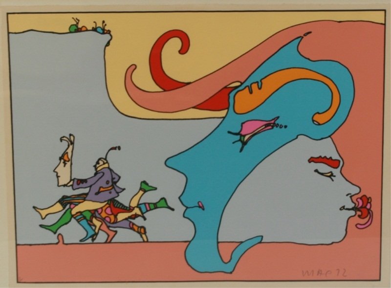 Peter Max (b. 1937), Untitled: Peter Max (German/American, born 1937). Untitled. Serigraph on Arches paper. Signed "Max" and dated " '72" lower right, numbered "9/100" lower left. Image 22 1/4" x 29 1/2", frame 28 1/8" x 36 1/8".