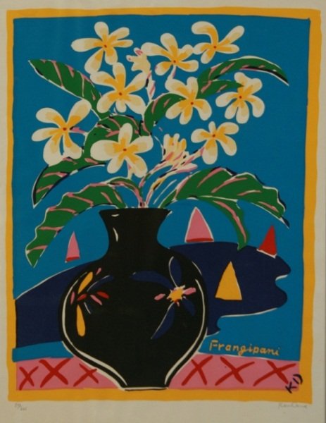 Ken Done (b. 1940), "Frangipani": Ken Done (Australian, born 1940). "Frangipani". Lithograph. Signed lower right and numbered "233/665" lower left. Image 25 1/4" x 20", frame 29" x 22 1/4".