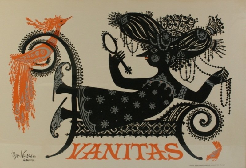 Bjorn Wiinblad (1918-2006), "Vanitas": Bjorn Wiinblad (Danish, 1918-2006). "Vanitas". Serigraph. Signed "Bjorn Wiinblad Danmark" and dated " '54" in plate lower left. Sight 33 3/8" x 48 3/8", frame 36 3/8" x 51 3/8".