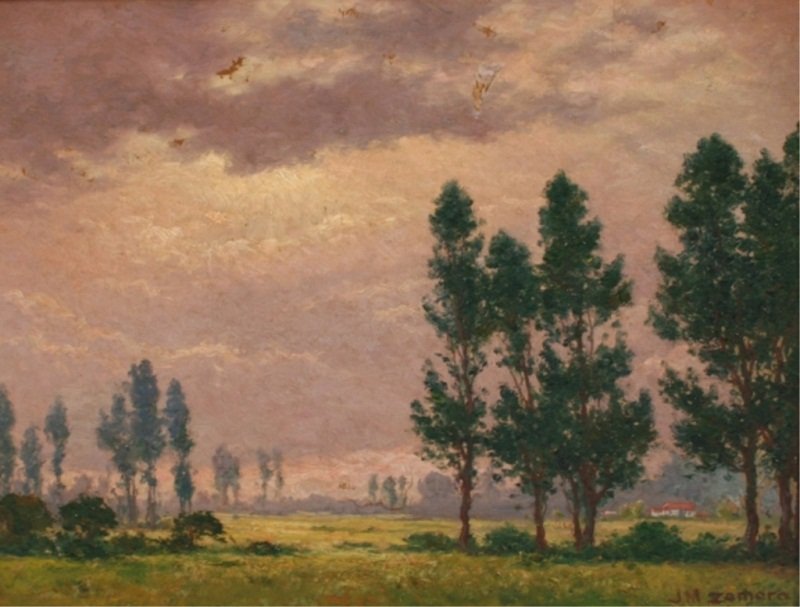 Juan Manuel Zamora, "Gewitterstimmung...": Juan Manuel Zamora (Columbian). "Gewitterstimmung in der sabana". Oil on board. Signed "J.M. Zamora" lower right. Board 10" x 13 1/2", frame 14 3/4" x 18".