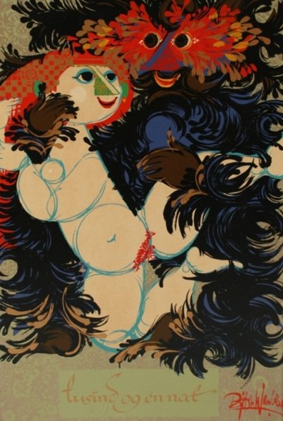 Bjorn Wiinblad (1918-2006), "Tusind Og En Not": Bjorn Wiinblad (Danish, 1918-2006). "Tusind Og En Not". Screenprint on board. Signed lower right. Sight 37" x 25 1/4", frame 37 3/4" x 26".