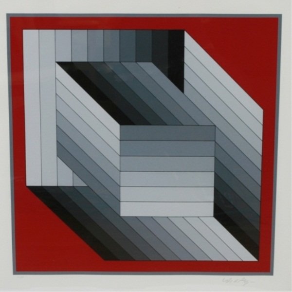 Victor Vasarely (1906-1997), "Tridim": Victor Vasarely (Hungarian/French, 1906-1997). "Tridim". Serigraph on Arches paper. Signed lower right and numbered "55/200". Image 17 3/8" x 17 3/8", frame 35" x 33 3/4".