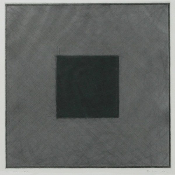 Alan Green (1932-2003), "Black Over Silver": Alan Green (British, 1932-2003). "Black Over Silver". Etching and aquatint. Signed and dated " '82". lower right. Titled and numbered "8/15" lower left. Plate 16 1/2" x 16", frame 24 1/2" x 24".