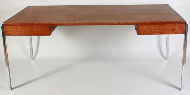 Stow Davis Mahogany and Chrome Desk: Stow Davis mahogany and chrome desk. American, mid-century. Rectangular mahogany top with two drawers supported by chrome legs. Height 29", width 72", depth 35".