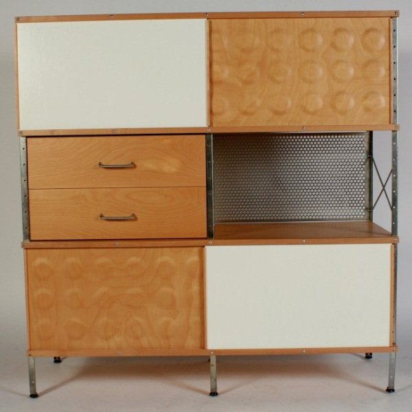 Eames Style Storage Unit With Drawers: Eames style storage unit. American, 20th century. Having laminated walnut shelves with birch plywood doors, enameled Masonite panels and zinc-plated steel frame. Sliding doors over bank of two drawers