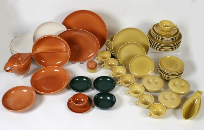 Collection of Russel Wright "Iroquois" Dinnerware: Large Collection of Russel Wright Iroquois Casual China. American, 20th century. In Avocado Yellow, Nutmeg Brown, Parsley Green, and Sugar White glazes. Comprised of 8 dinner plates, 7 luncheon plates