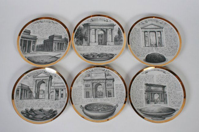 Piero Fornasetti (1913-1988), Set of Six Plates: Piero Fornasetti set of six porcelain plates from "Specialità Milanesi" series. Italian, 1913-1988. With gilt borders, decorated with architectural landmarks in Milan and corresponding descriptive te