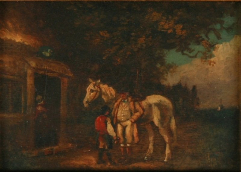 George Morland (1763-1804), Swann Inn: George Moreland (British, 1763-1804). Swann Inn. Oil on board. Depicting traveler before an inn. Signed and dated on reverse. Also signed and dated 1800 on portico of inn. Board 4" x 5 1/2", frame 9 1