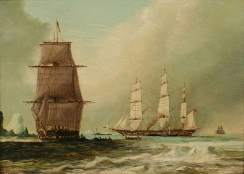 John Tudgay (1836-1865), US Whalers Arctic Waters: John Tudgay (British 1836-1865). "US Whalers Arctic Waters". Oil on canvas. Depicting two whaling boats at sea. Titled and signed lower left. Canvas 10" x 22", frame . Condition: Small area of paint l