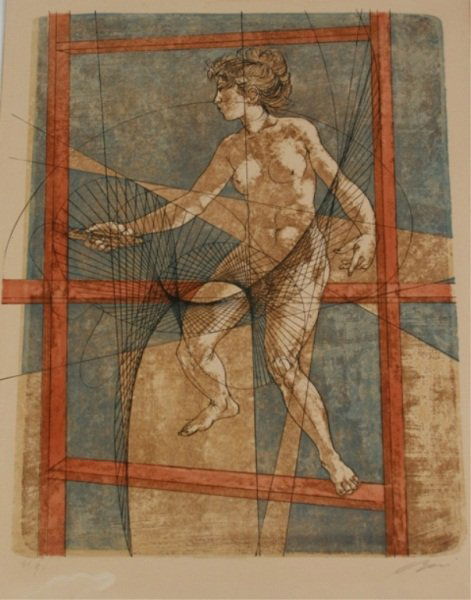 Hans Erni (Swiss B. 1909), Untitled: Hans Erni (Swiss B. 1909). Untitled. Lithograph. Depicting nude within geometric abstract composition. Pencil signed lower right. Numbered 30/95 lower left. Unframed. Paper 36" x 27 1/2". Condition: P