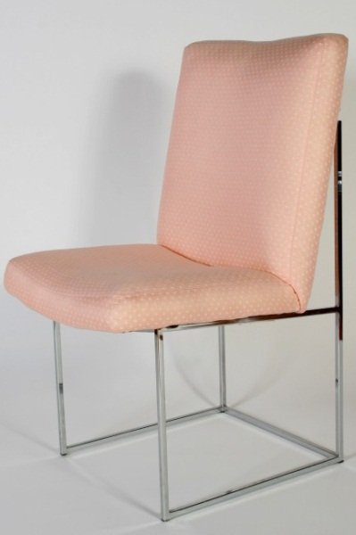 Milo Baughman for Thayer Coggin Side Chair: Milo Baughman for Thayer Coggin side chair. American, circa 1970. Pink and white upholstered seat over rectangular cube frame. With Thayer Coggin label affixed under seat. Height 35 1/2", width 21", d