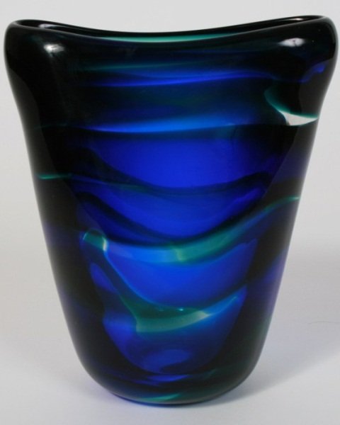 Florence Meydam Leerdam Glass Vase, 20th C.: Leerdam art glass vase. Dutch, 20th century. Designed by Floris Meydam. Art glass vase with blue and green internal bands. Acid etched "Leerdam M" to base. Height 7 1/2". Condition: Appears fine.