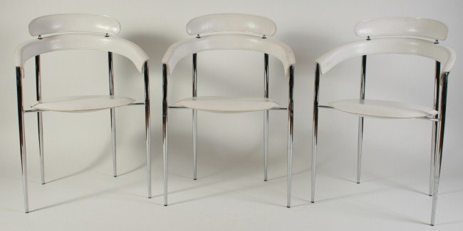 Set of 5 Arrben Italy Straight Armchairs: Set of five Arrben Italy "Denise Super" straight armchairs. Italian, 21st century. Chrome armchairs having straight legs and curved arms, seat and headrest of fine white leather. Design patent #62938.