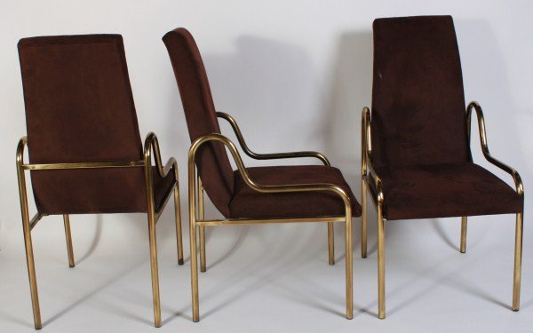 Group Six Mastercraft Armchairs: Group of six Mastercraft brass and upholstered armchairs. American, 20th century. Armchairs with curved tubular brass frames and brown velvet upholstery. With custom handwritten tags to underside of f