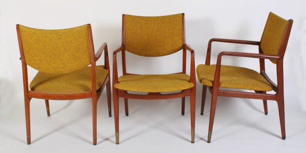 Group of 3 Stow & Davis Upholstered Armchairs: Group of 3 Stow & Davis walnut and upholstered armchairs, style no. 13 A. American, 20th century. Armchairs with walnut frames and green upholstery. Two with "Stow & Davis Furniture Co." paper label,