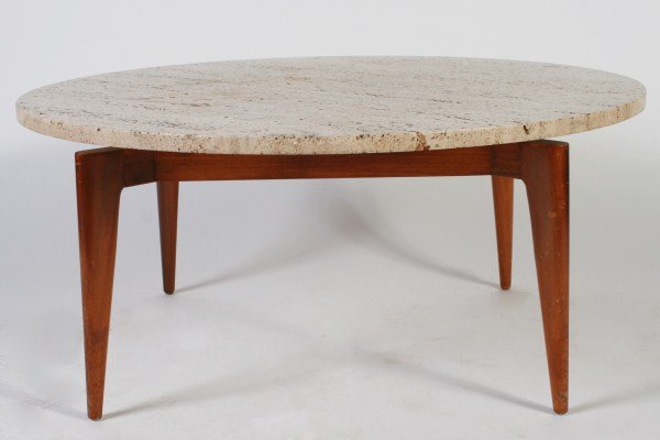Travertine Top Cocktail Table, Danish: Walnut cocktail table with round travertine top. Danish, mid 20th century. Height 16", diameter 36".