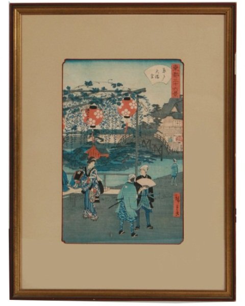 Ando Hiroshige (1797-1858), Untitled: Ando Hiroshige (Japanese, 1797-1858). Untitled. Woodblock print in colors. Authenticated by S.M. Shiba, Miyanoshita, as attested by his seal on reverse. Image 13" x 8 1/2", frame 21" x 16".