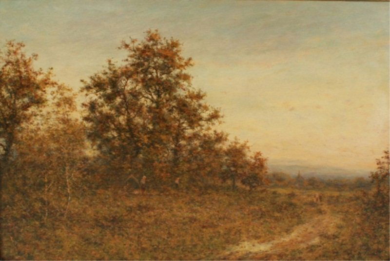 David Bates (English 1840-1921), Chesham-Bucks: David Bates (English 1840-1921). Chesham-Bucks. Oil on canvas. Depicting a treed country road. Signed lower right. Titled and attributed on frame. Canvas 20" x 29 1/2", frame 26" x 35 1/2".