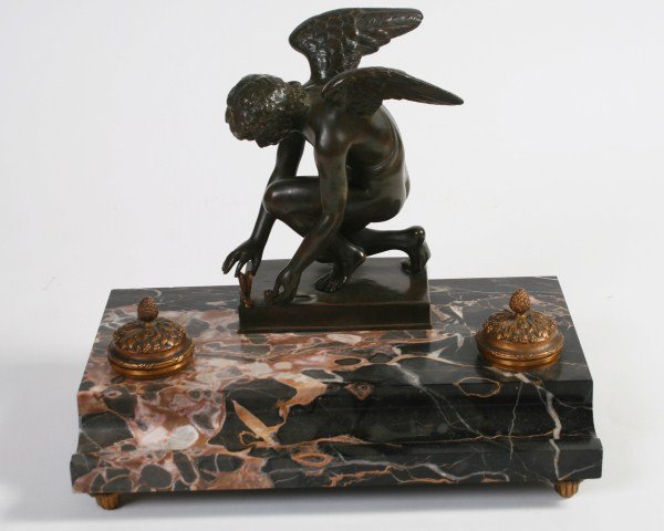 Marble Desktop Inkwell, C. 1900: Marble desktop inkwell with mounted patinated bronze angel and two decorated gilt metal containers. Circa 1900. Marble desktop inkwell with mounted patinated bronze angel after Antonio Canova (Italian