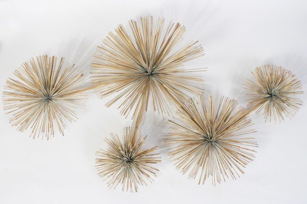 Pom-Pom Wall Sculpture Attributed to Curtis Jere: Pom-Pom wall sculpture attributed to Curtis Jere. Metal wall sculpture with five pom-poms. Height 25", width 43", depth 10".