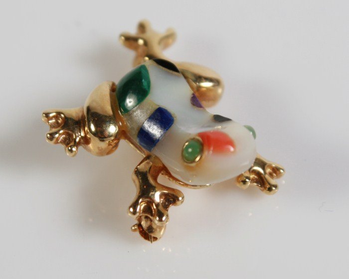 14K Gold and Inlaid Stone Frog Pin: 14 Karat Yellow Gold And Inlaid Stone Frog Pin. 20th Century. 14 Karat Gold Legs With Black Onyx, Sugilite, Coral, Malachite And Lapis Lazuli Inlay. 14 Karat Gold Weight 5.9 Grams. Approximate size: 1