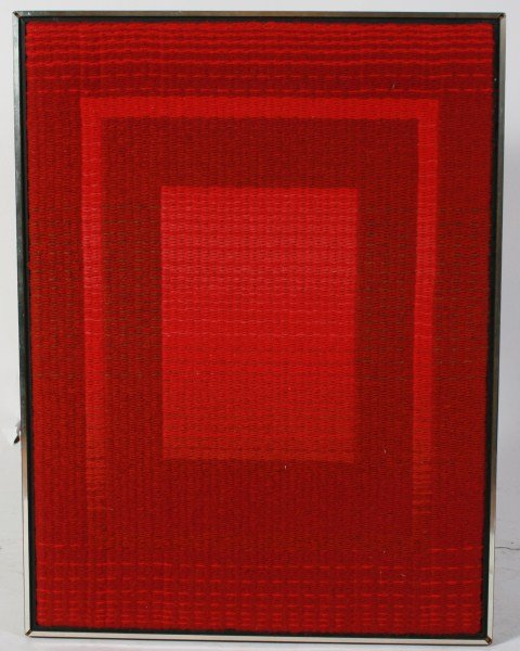 Cranbrook Academy of Art, Untitled Tapestry: Kenneth H. Weaver (American, 20th century). Untitled woven tapestry. All linen warp all wool weft. Geometric composition. Attributed and located "Cranbrook Academy of Art.." on reverse. Sight 29 1/2" 