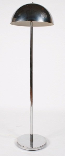 George Kovacs Style Mushroom Floor Lamp: Chromed metal mushroom floor lamp in the style of George Kovacs. Chromed metal floor lamp having having mushroom style shade. Unmarked. Height 55 1/2, diameter of shade 16", diameter of base 12".