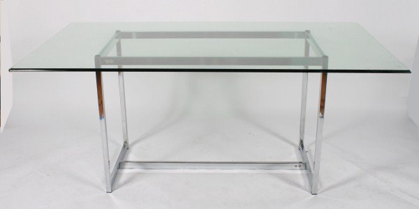 Milo Baughman Style Steel and Glass Dining Table: Milo Baughman style polished steel and glass dining table. Dining table having rectangular beveled glass top over polished steel frame. Unmarked. Height 27 1/2", width 65 1/2", depth 36".