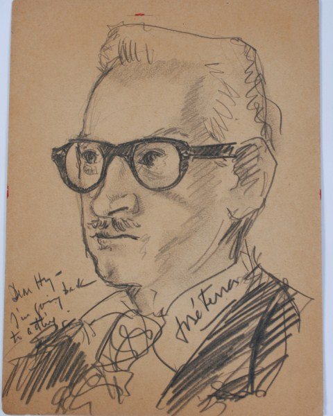 José Ferrer (1912-1992), Hy Vogel: José Ferrer (Puerto Rican, 1912-1992). Signed portrait sketch of Hy Vogel. Charcoal pencil on paper. Signed lower right and inscribed "Dear Hy -- I'm going back to acting" lower left. Unframed. 12" x