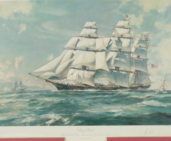 John Stobart (B. 1929), "Flying Cloud...": John Stobart (American, born 1929). "Flying Cloud: The Celebrated Clipper Ship Approaching San Francisco in 1854". Lithograph. Signed in pencil lower right, titled lower center, and numbered "336/850"