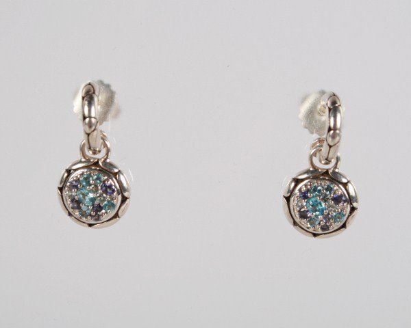 John Hardy Kali Pure Lavafire Drop Earrings: John Hardy Kali Pure Lavafire Sea Colorway sterling silver drop earrings set with blue topaz, iolite, and aquamarine. 20th century. Total weight 12.1 grams.