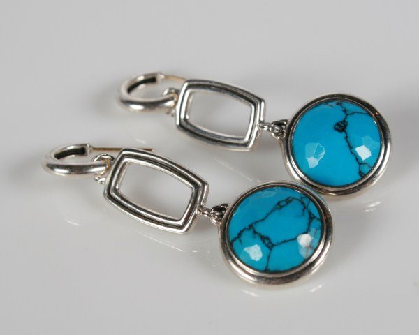 John Hardy Sterling and Turquoise Drop Earrings: John Hardy sterling silver drop earrings set with faceted cut turquoise. 20th century. Total weight 16.0 grams.