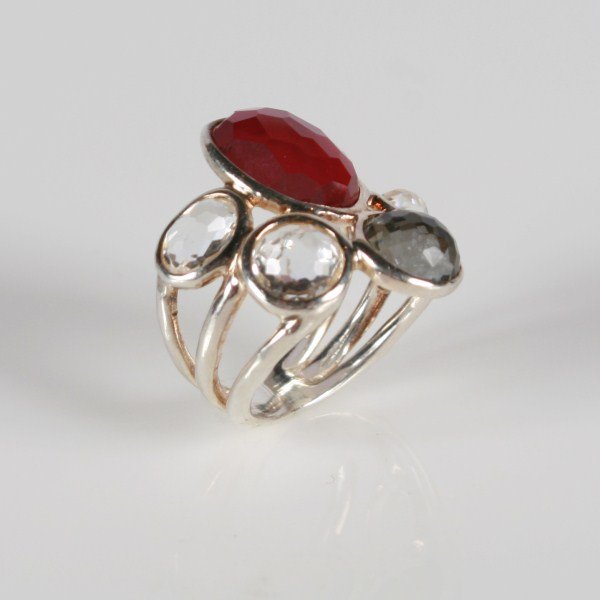 Ippolita Wonderland Ring: Ippolita Wonderland sterling silver ring with semiprecious stones. 20th century. Hammered sterling silver ring set with a rose doublet, mother-of-pearl, and clear quartz over mother-of-pearl. Ring siz