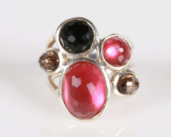 Ippolita Wonderland Ring: Ippolita Wonderland sterling silver ring with semiprecious stones. 20th century. Hammered sterling silver ring set with smoky quartz, onyx, and rose doublet over mother-of-pearl. Ring size 6. Total we