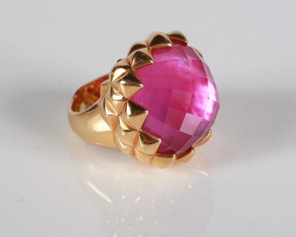 Stephen Webster Superstud Round Ring: Stephen Webster Superstud 18 karat yellow gold plated sterling silver ring set with round pink quartz doublet backed with mother-of-pearl. 20th century. Ring size 5 1/2. Total weight 29.4 grams.