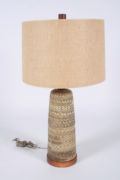 Gordon and Jane Martz Table Lamp: Gordon and Jane Martz table lamp for Marshall Studios. American, 20th century. Table lamp having a ceramic body with banded design and a walnut base and finial. Height 33 1/2", shade diameter 17".
