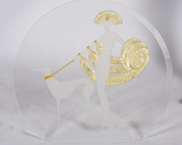 Erté (Romain de Tirtoff) Glass Luminaire Top: Erté (Romain de Tirtoff) glass luminaire top. 20th century. Glass luminaire top depicting a lady walking a dog. Signed "Erté" and marked "A-P - 13/19" lower right. Height 19 5/8", width 22".