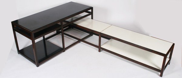 Edward Wormley Interlocking Tables, 20th C.: Edward Wormley interlocking tables, model 5404. American, 20th century. Made by Dunbar. Combination of models 5402 and 5403. Set of interlocking tables having mahogany frames and fitted black and whit